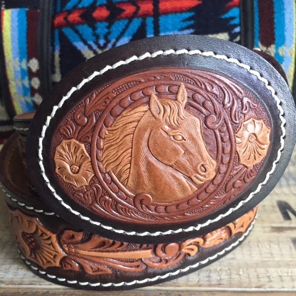 Vintage brown leather horse belt 30 Medium new main image 4